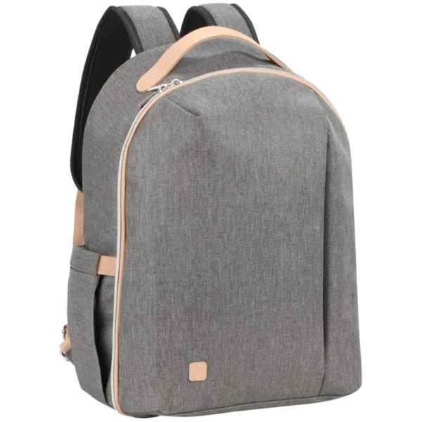 Gray fabric backpack with tan accents and padded shoulder straps.