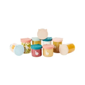 Babymoov Isy Bowls Assorted glass jars with colorful lids featuring cat designs, containing various baby foods or stored items.