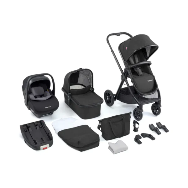 Babymore Memore V2 13 Piece Travel System Bundle with Pecan i-Size Car Seat and ISOFIX Base - Black