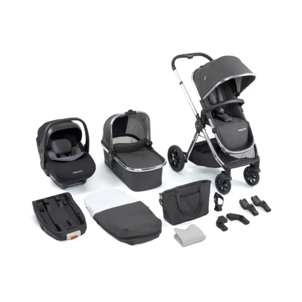 Babymore Memore V2 13 Piece Travel System Bundle with Pecan i-Size Car Seat and ISOFIX Base - Chrome