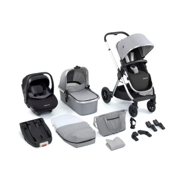 Babymore Memore V2 13 Piece Travel System Bundle with Pecan i-Size Car Seat and ISOFIX Base - Silver