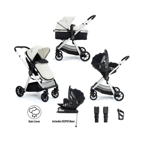 Babymore Mimi 3 in 1 Travel System Bundle with Pecan i-Size Car Seat and ISOFIX Base - Silver