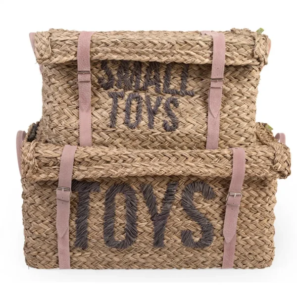 Two Rattan Storage Baskets with lids and leather straps, the smaller basket labeled "SMALL TOYS" and the larger basket labeled "TOYS".