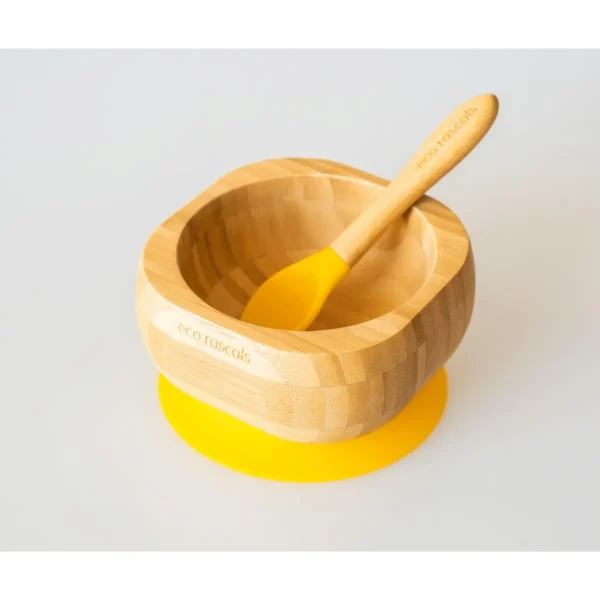 eco rascals bamboo suction bowl spoon set yellow