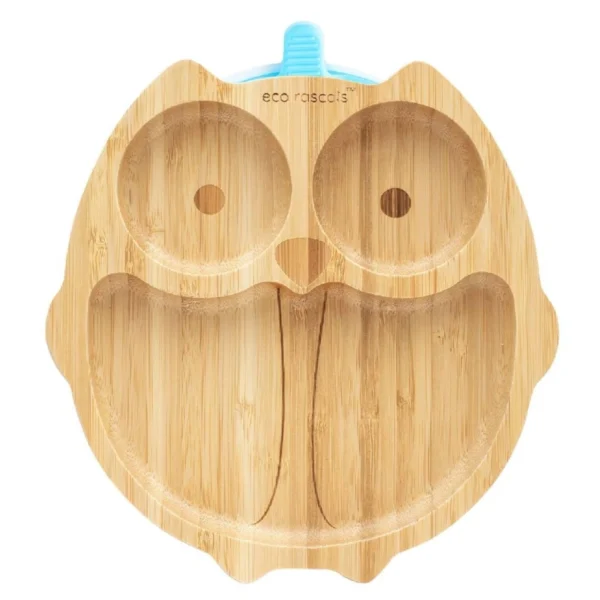 Owl Shaped Bamboo divided plate with two round sections for eyes and a large section for the mouth.