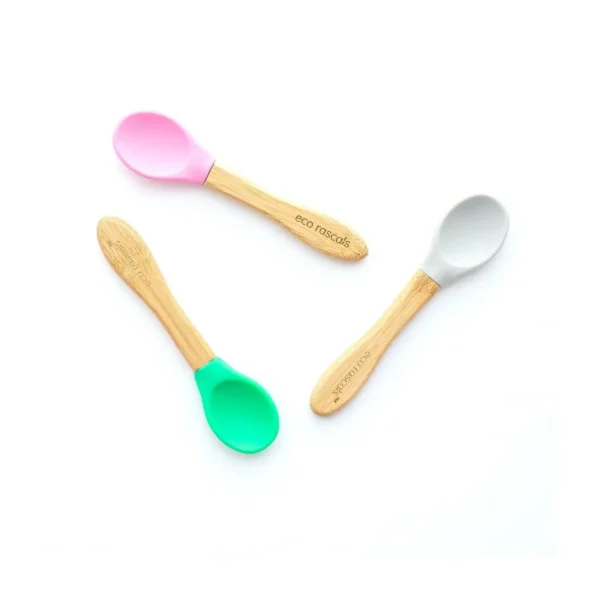 eco rascals pack of 3 mixed colour spoons grey pink green