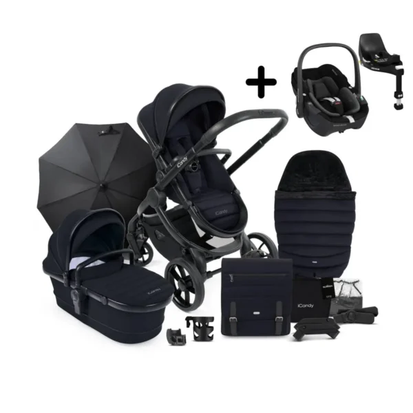 iCandy Peach 7 Complete Bundle + Maxi Cosi Pebble 360 Car Seat & ISOFIX BASE Bundle - Black Edition