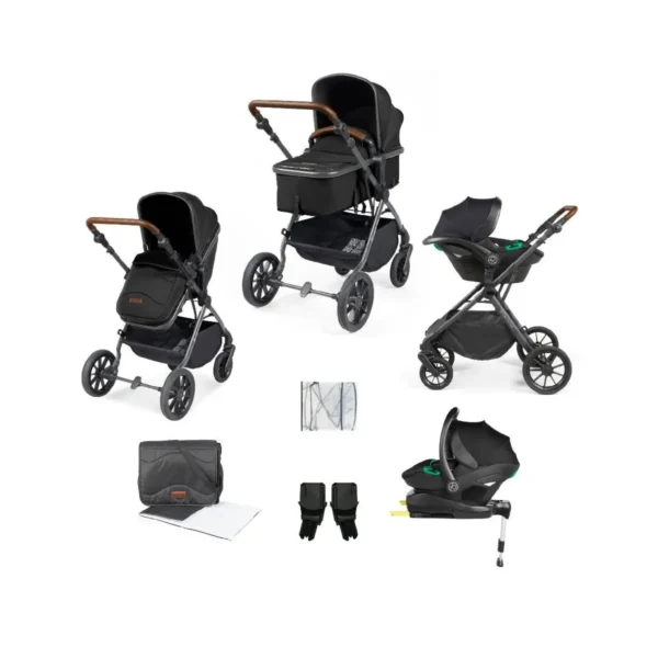 Ickle Bubba Cosmo Gunmetal Frame Travel System with Stratus i-Size Carseat & Isofix Base - Black