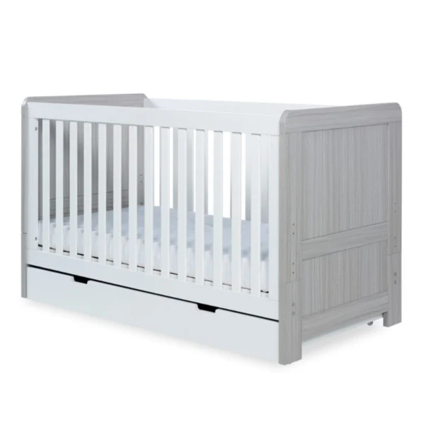 Ickle Bubba Pembrey Cot Bed and Under Drawer - Ash Grey & White