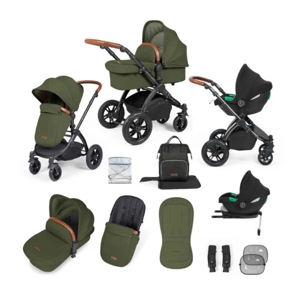 Ickle Bubba Stomp Luxe Black Frame Travel System with Cirrus i-Size Car Seat & Isofix Base - Woodland/Tan