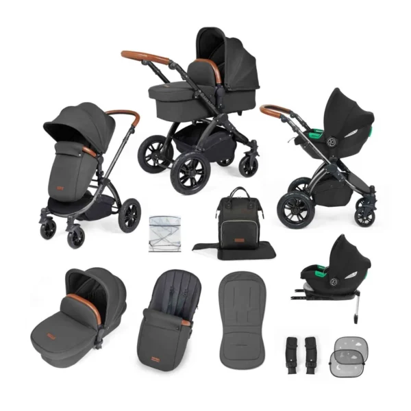 Ickle Bubba Stomp Luxe Black Frame Travel System with Cirrus i-Size Carseat & Isofix Base - Charcoal Grey/Tan