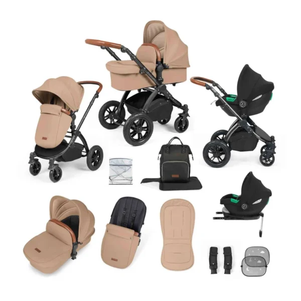 Ickle Bubba Stomp Luxe Black Frame Travel System with Cirrus i-Size Carseat & Isofix Base - Desert/Tan