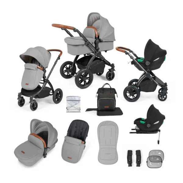 Ickle Bubba Stomp Luxe Black Frame Travel System with Cirrus i-Size Carseat & Isofix Base - Pearl Grey/Tan