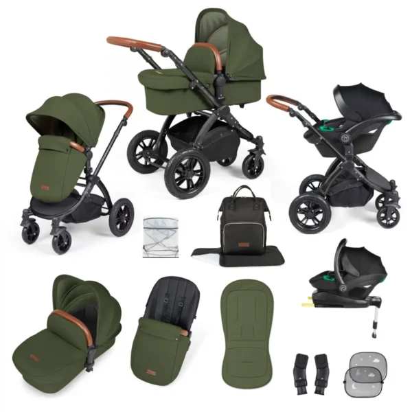 ickle bubba stomp luxe black frame travel system with stratus i size car seat isofix base woodland tan