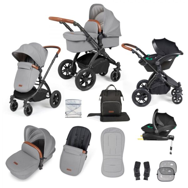 Ickle Bubba Stomp Luxe Black Frame Travel System with Stratus -Size Carseat & Isofix Base - Pearl Grey/Tan