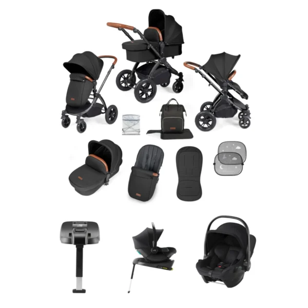 Ickle Bubba Stomp Luxe ISIZE Travel System with Britax Baby-Safe Carseat & Isofix Base - Black/Midnight/Tan