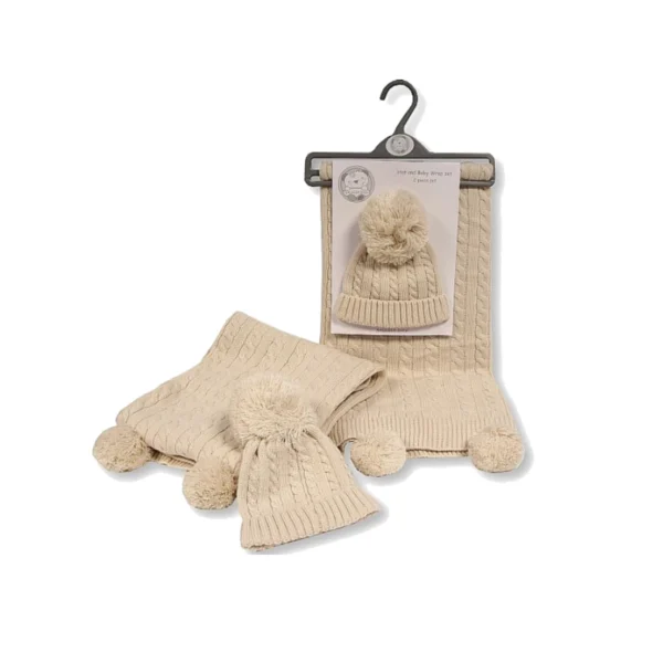 Kiddies Kingdom Baby Pompom Wrap and Hat Set - Beige