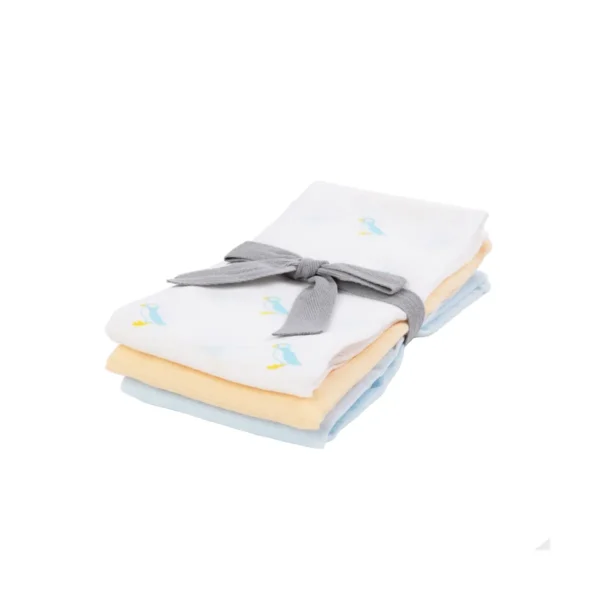 Kiki & Sebby Pack of 3 100% Cotton Muslin Squares – Puffin/Yellow/Blue