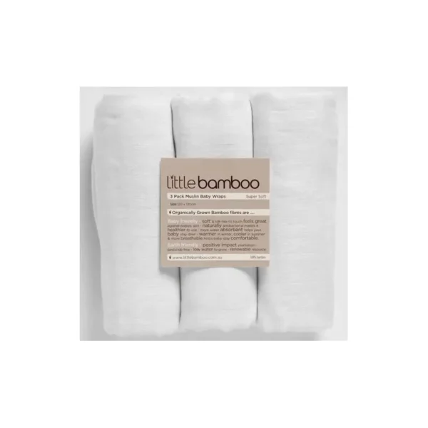 Three rolled white muslin baby wraps with a label that reads "little bamboo 3 Pack Muslin Baby Wraps Super Soft."