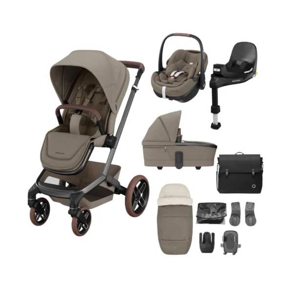 Maxi Cosi Fame 10 Piece Premium Travel System - Twillic Truffle (Brown Wheels)