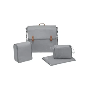 Gray diaper bag set with a main bag, insulated pouch, changing pad, and accessory pouch.