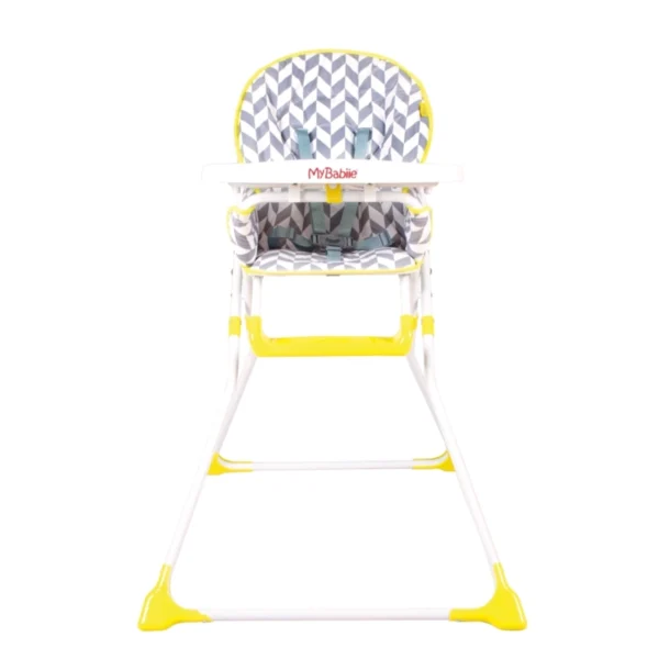 My Babiie Compact Highchair with a geometric patterned seat and yellow accents.