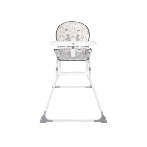 My Babiie Samantha Faiers Compact Highchair with a patterned seat cover featuring illustrations of animals, and a white tray with safety restraints.