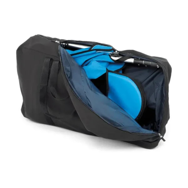 Black duffel bag with blue interior, partially unzipped to reveal folded camping gear inside.