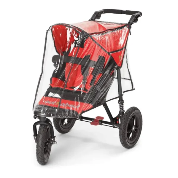 Red and black stroller with a transparent rain cover.