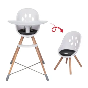 Convertible highchair with white seat and natural wooden legs, shown in both high and low configurations.