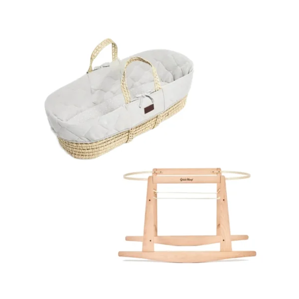 The Little Green Sheep Natural Quilted Moses Basket & Rocking Stand Bundle - Dove