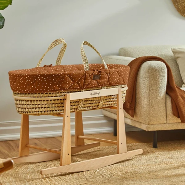 The Little Green Sheep Natural Quilted Moses Basket & Rocking Stand Bundle - Terracotta Rice