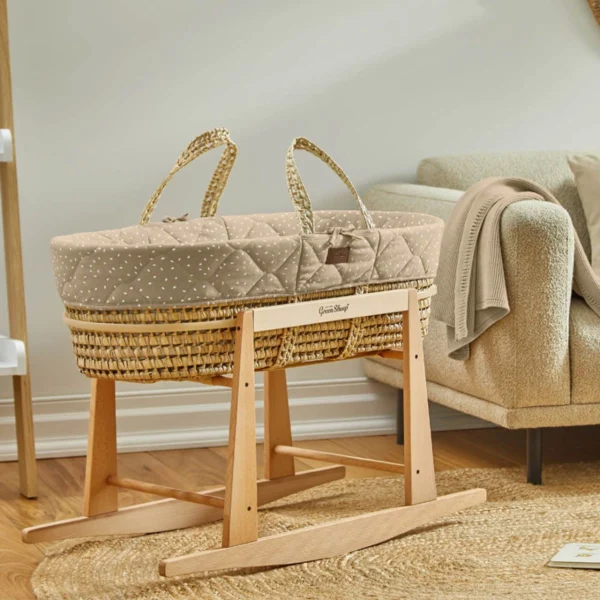 The Little Green Sheep Natural Quilted Moses Basket & Rocking Stand Bundle - Truffle Rice