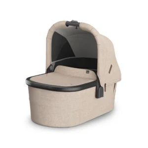 UPPAbaby Vista V3 Carry Cot - Liam with a black frame and a sunshade canopy.