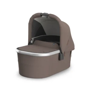 UPPAbaby Vista V3 Carry Cot - Theo | Brown baby bassinet with a canopy and a metallic silver frame.