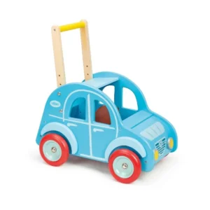 Blue wooden toy car with a yellow wooden handle and red wheels.