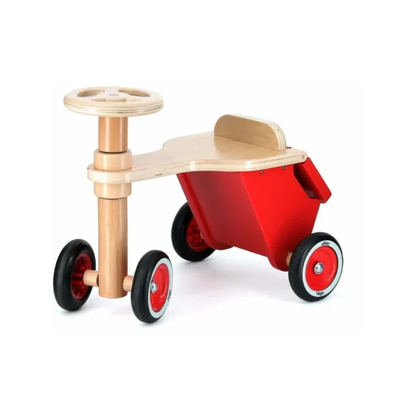 Vilac Postman Ride On Tricycle with a steering wheel and red storage compartment on four black and red wheels.