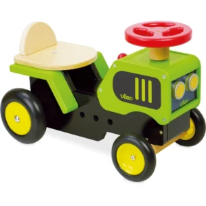 Vilac Ride on Tractor Green and black wooden ride-on toy with a red steering wheel, yellow wheels, and a wooden seat.