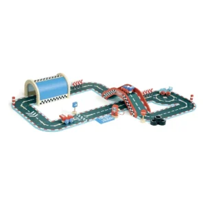 Wooden race track toy set with cars, signs, a gas pump, bridge, tunnel, and curved track pieces.