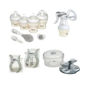 New Born Bundle | Breast pump set including three feeding bottles, a pacifier, cleaning brush, milk storage bags, a manual breast pump, and a sterilizer.