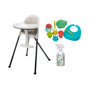 Highchair/Weaning Bundle | High chair with a baby feeding set and a cleaning spray bottle.