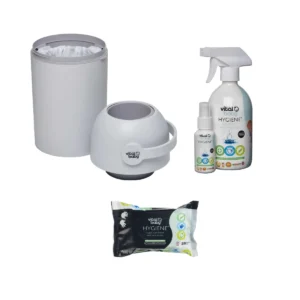 Baby hygiene kit including a diaper pail, hygiene spray bottles, and a pack of hygiene wipes.