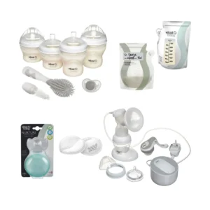 Breast Feeding Bundle | A Collection of baby feeding and care products including bottles, brush, pacifier, storage bags, manual breast pump, and nipple shields.