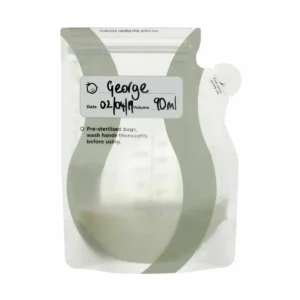 Breast milk storage bag labeled with "George," date "02/04/19," and volume "90ml."