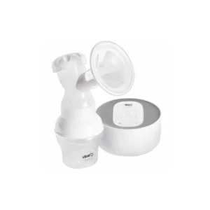 Electric breast pump with a clear container, white suction cup, and digital control unit.