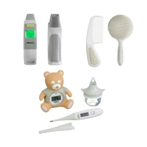 Vital Baby Protect bundle | Baby health and grooming kit including a digital ear thermometer, comb, brush, bear-shaped thermometer, nasal aspirator, and digital thermometer.