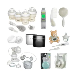 New Born Bundle | A collection of baby care products, including baby bottles, breast pump, sterilizers, thermometer, pacifier, bottle brush, comb, brush, nasal aspirator, milk storage bags, digital thermometer, toothbrush, and a teddy bear with an integrated thermometer.