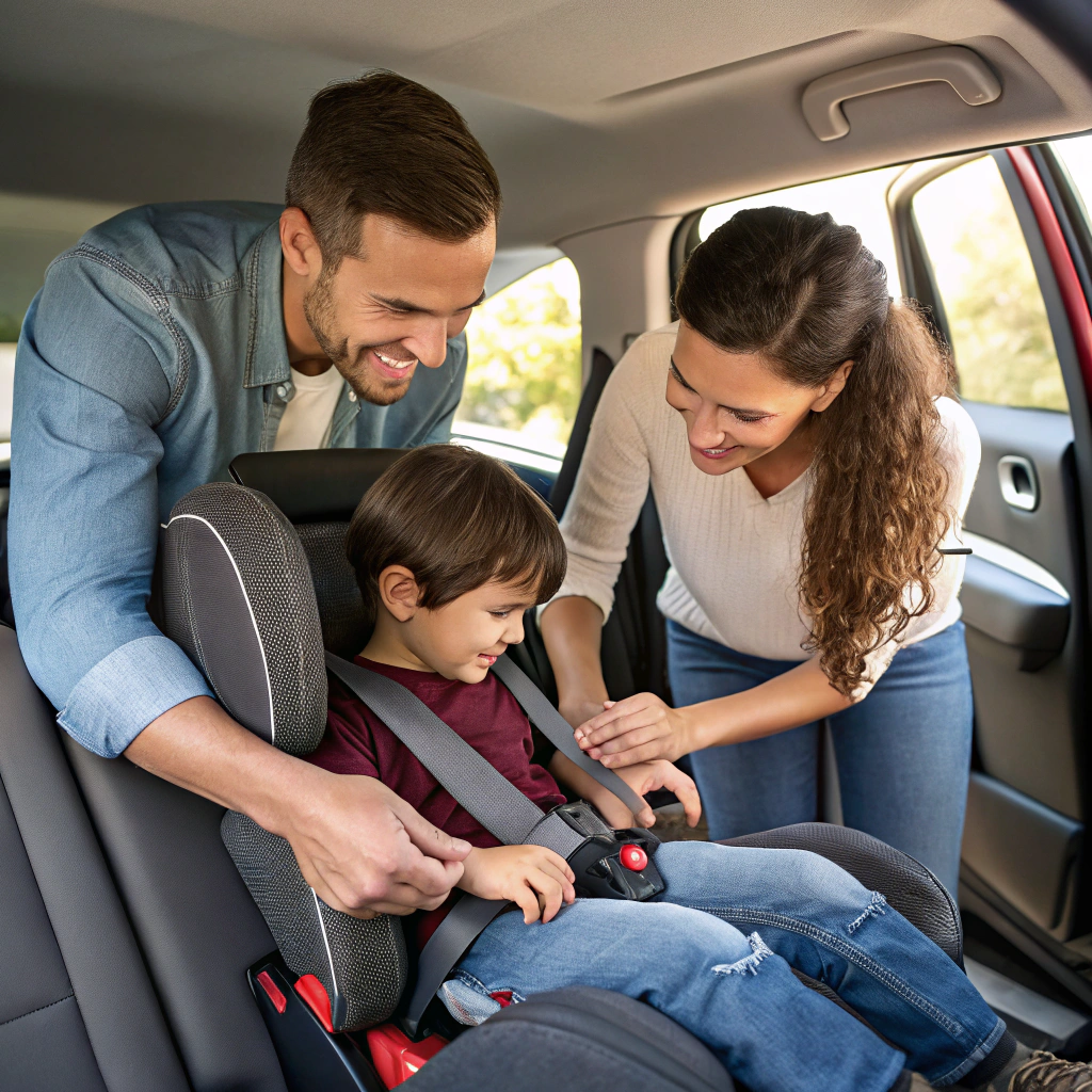 A young boy is sitting in a car seat while an adult male and female adjust his seat belt in a car.