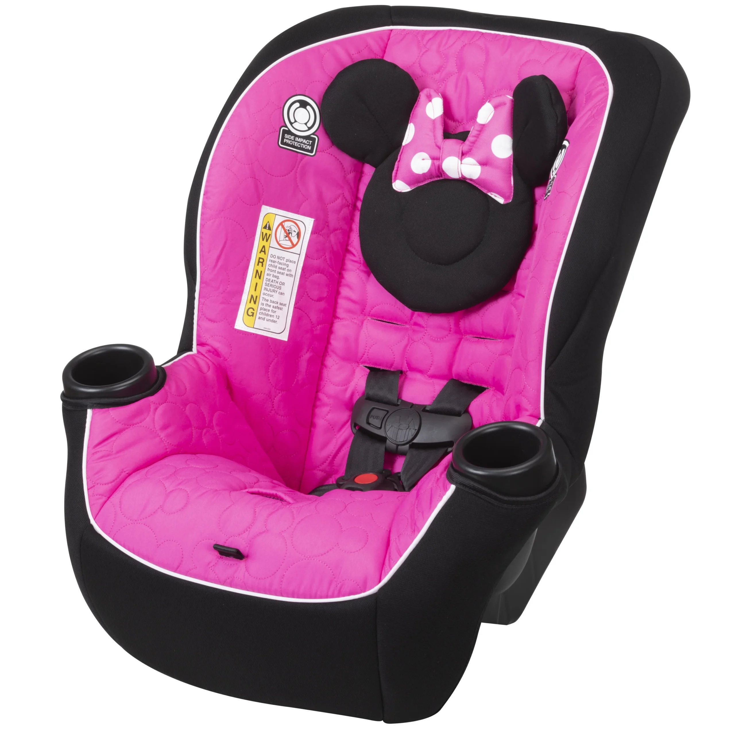 A children's car seat with a bright pink cover featuring a cartoon mouse design, including black ears and a bow with white polka dots. The seat has a black harness and two cup holders, and a safety warning label is visible on the side.