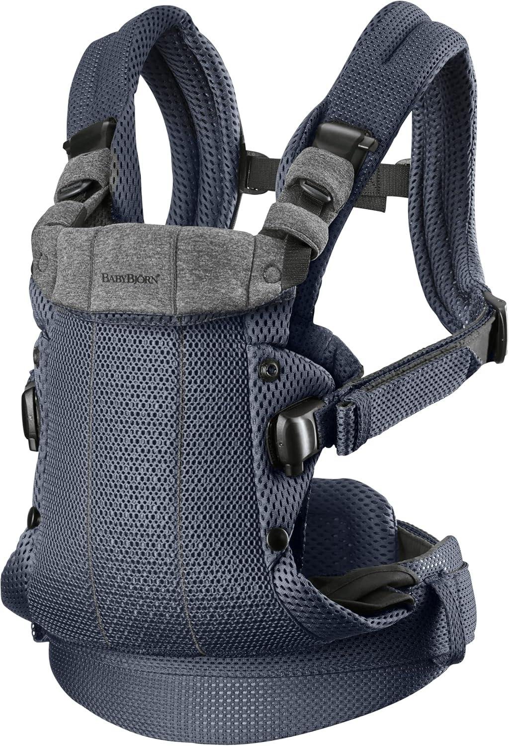 Navy blue and grey mesh baby carrier with adjustable straps and buckles for secure fitting.